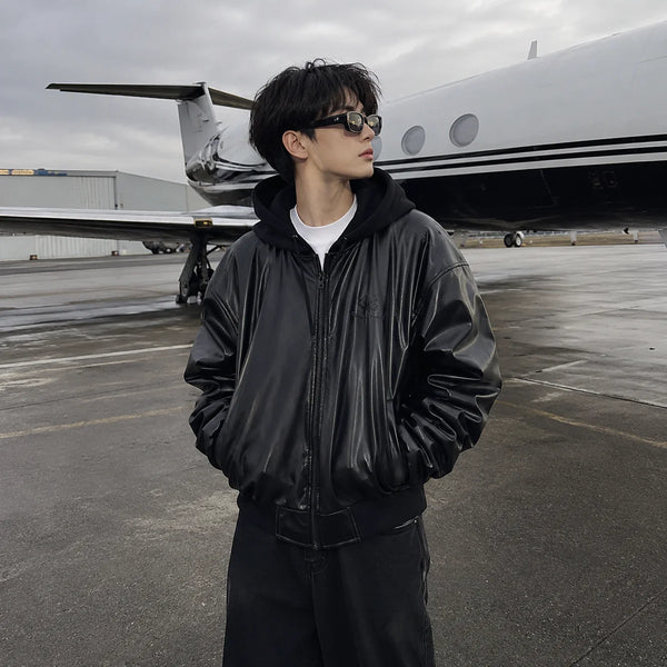 Walhalaa Hooded Faux Leather Jacket – Black Urban Streetwear Zip Jacket