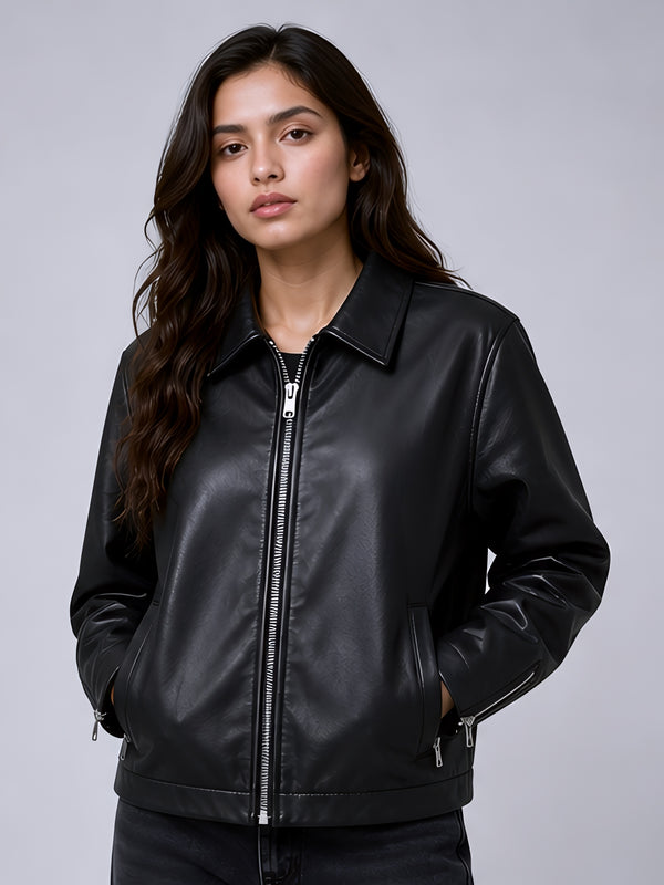 Walhalaa Black Faux Leather Jacket for Women with Sleeve Zippers – Streetwear Fit