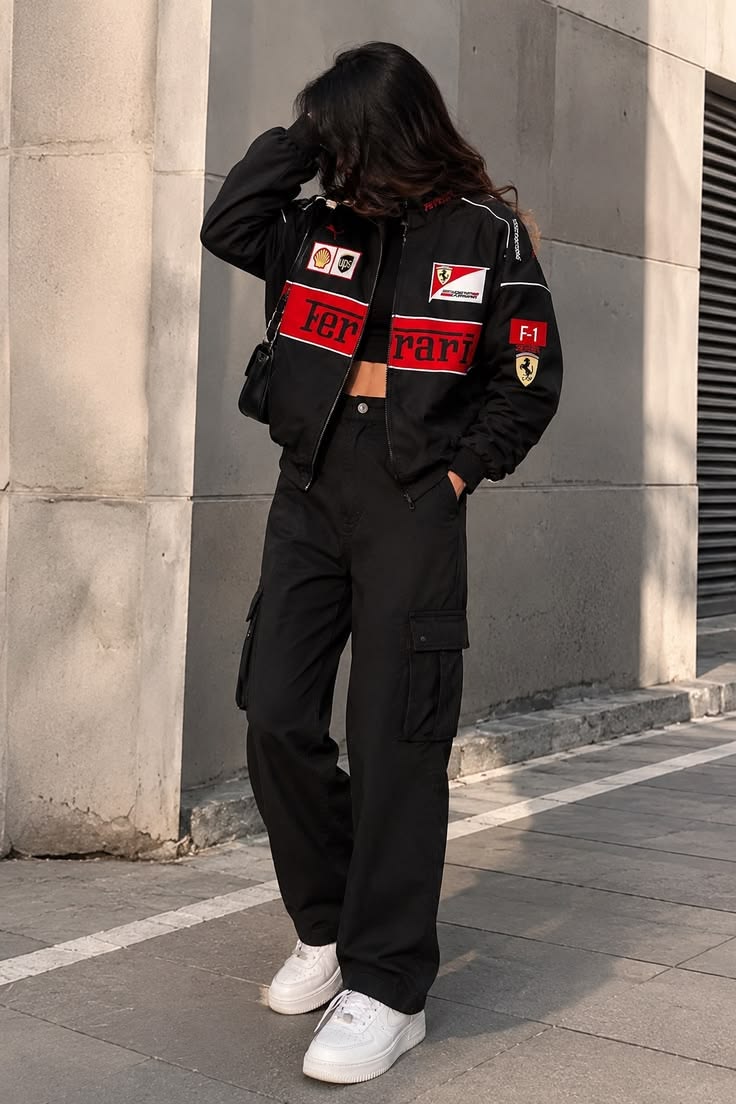Black Vintage Ferrari Racing Jacket - Parachute Edition