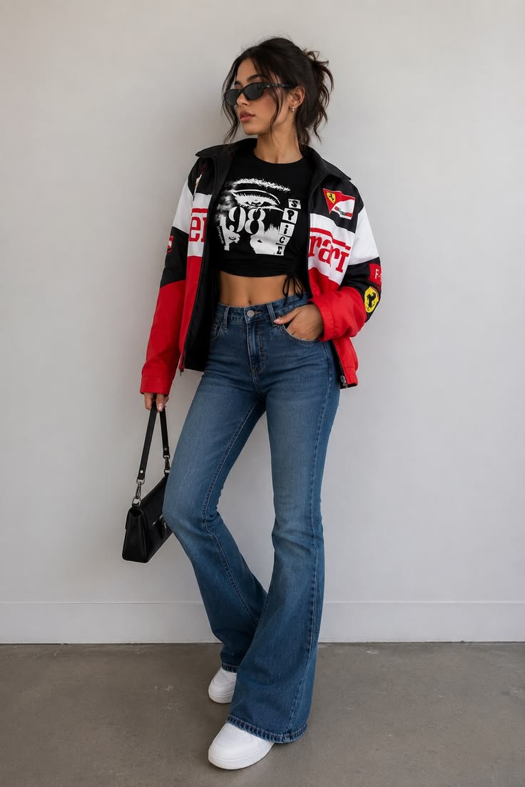 Walhalaa White & Red Vintage Racing Jacket – F1 Inspired Oversized Bomber