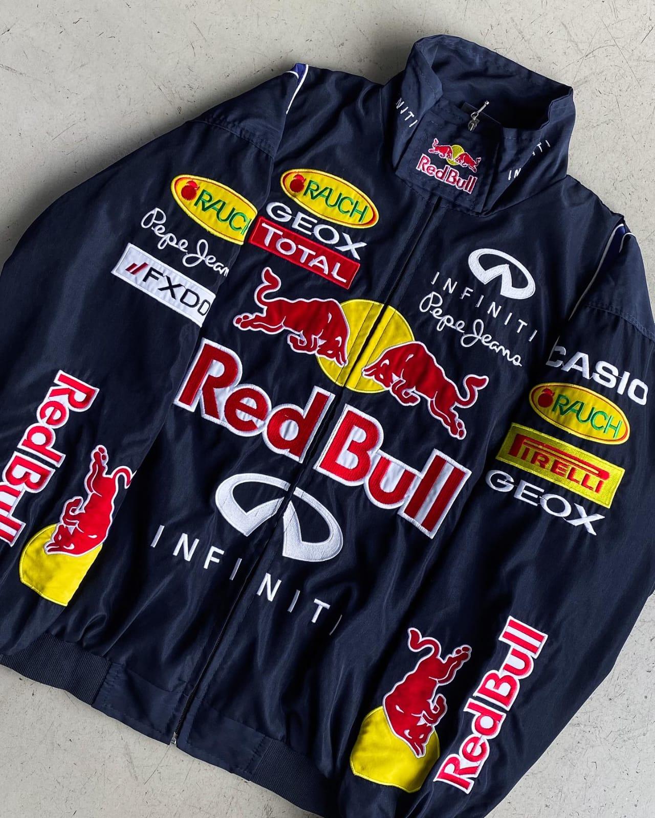 Close-up of the Red Bull Racing jacket’s logo and high-quality fabric, emphasizing the attention to detail and craftsmanship