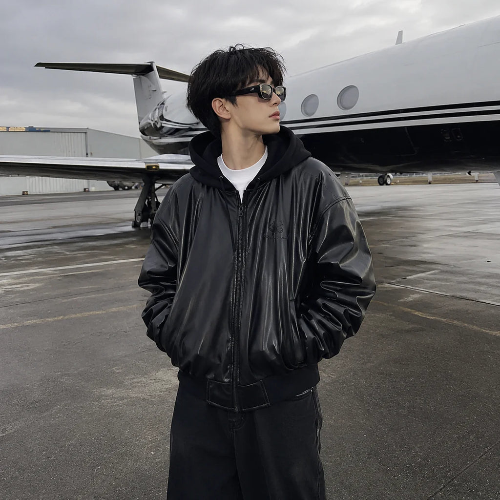 Walhalaa Hooded Faux Leather Jacket – Black Urban Streetwear Zip Jacket