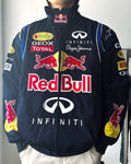 Red Bull Racing jacket featuring bold colors and the iconic logo, designed for motorsport enthusiasts and fans.