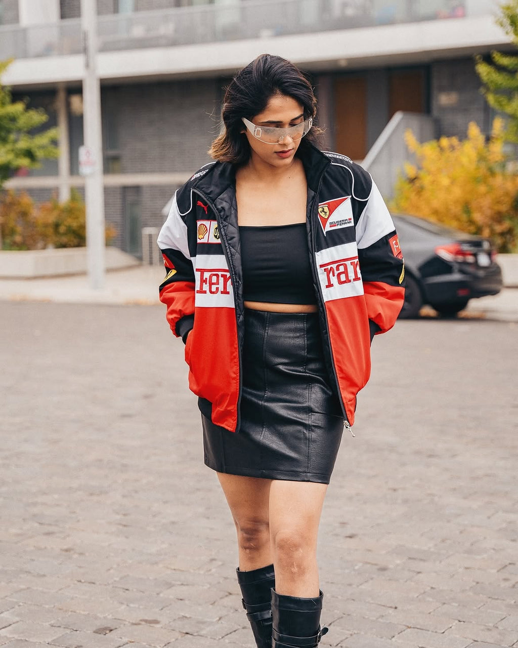 Walhalaa White & Red Vintage Racing Jacket – F1 Inspired Oversized Bomber