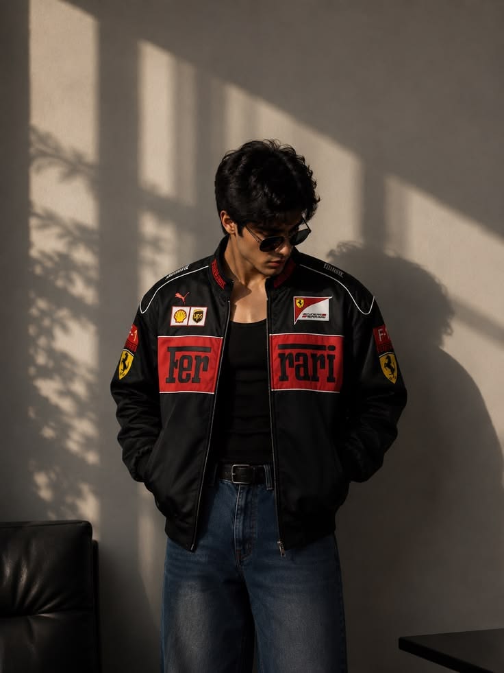 Black Vintage Ferrari Racing Jacket - Parachute Edition