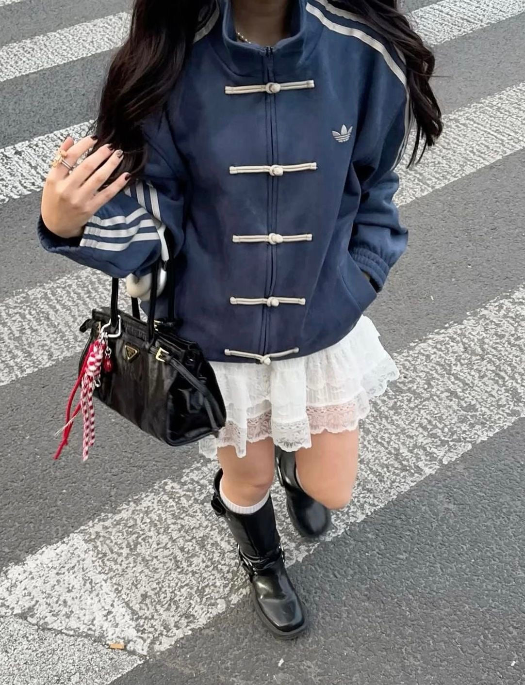 Walhalaa-Adidas blue striped toggle jacket street style