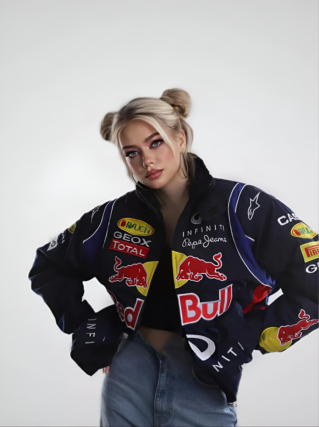Person wearing a redbull jacket with various logos on a plain background