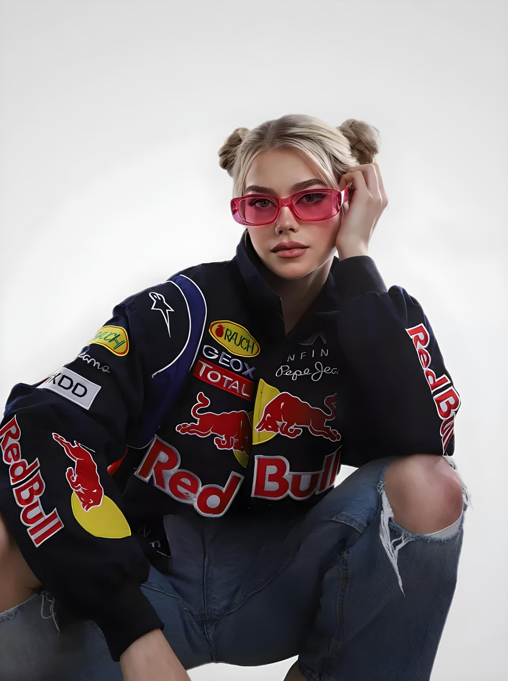 Person wearing a Red Bull branded jacket with various logos on a white background