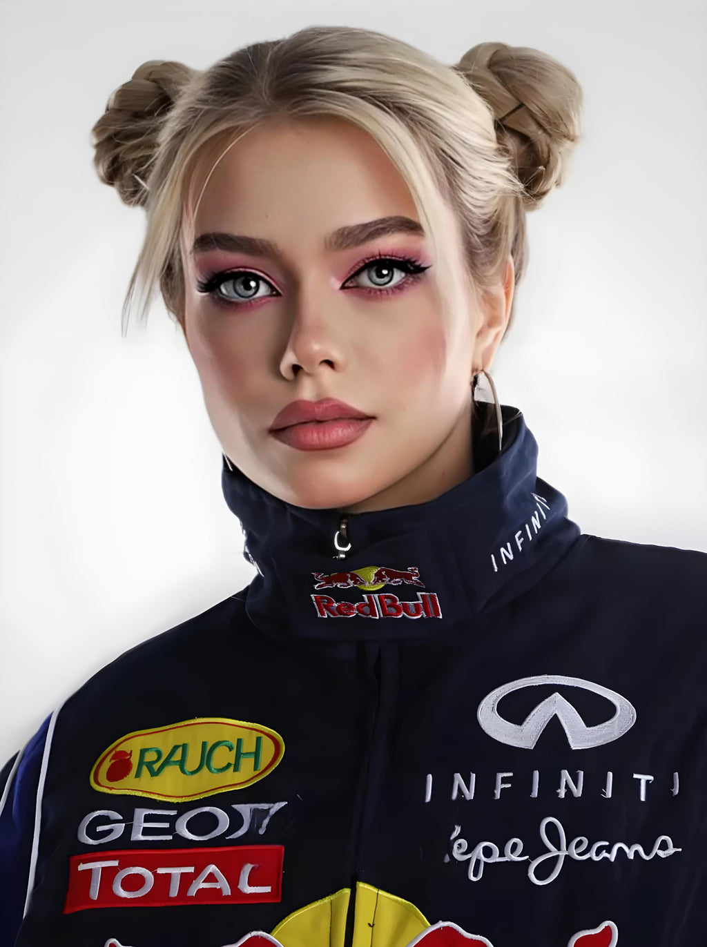 Person wearing a redbull racing suit with various sponsor logos on a white background