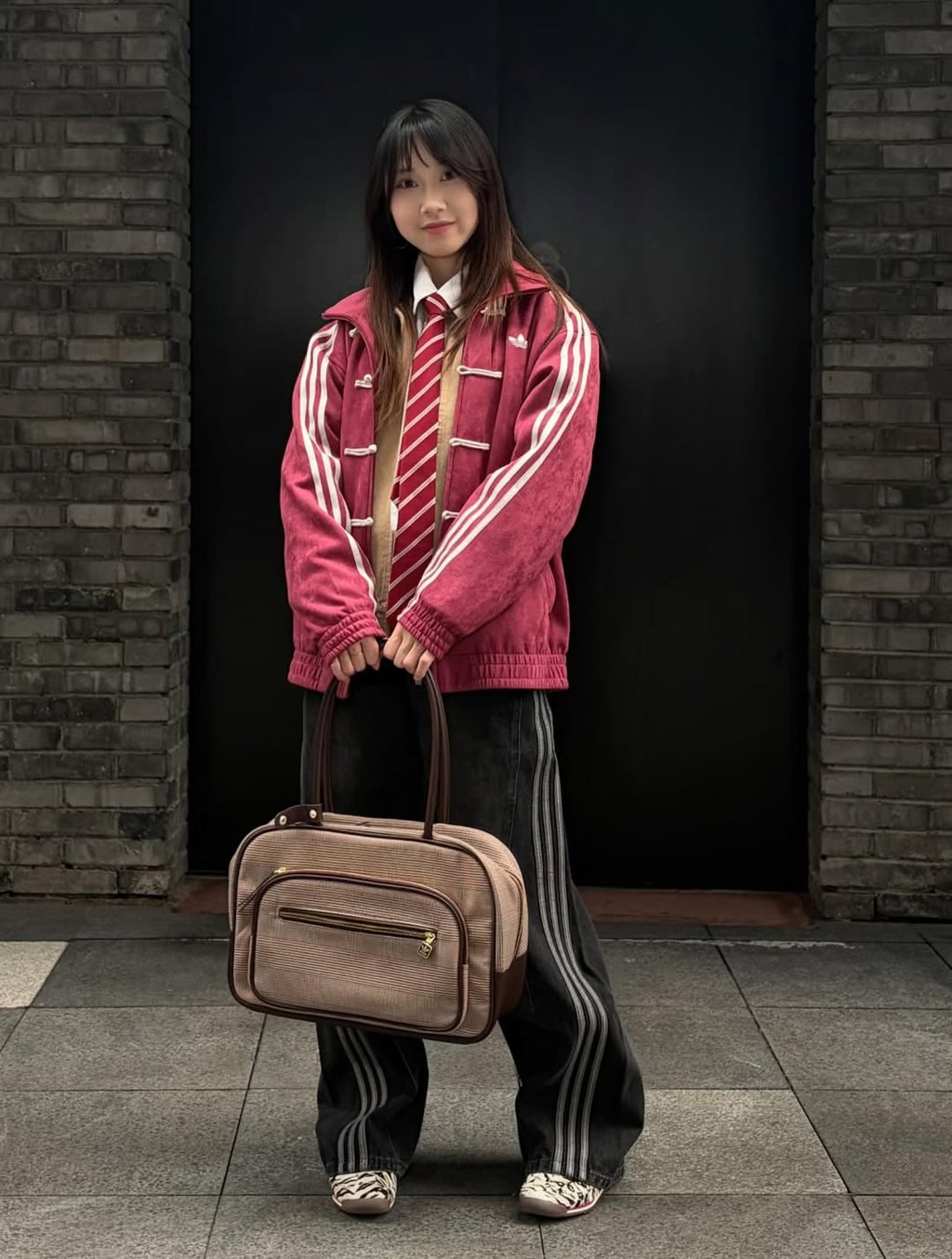 adidas cny inspired maroon jacket outfit styling streetwear
