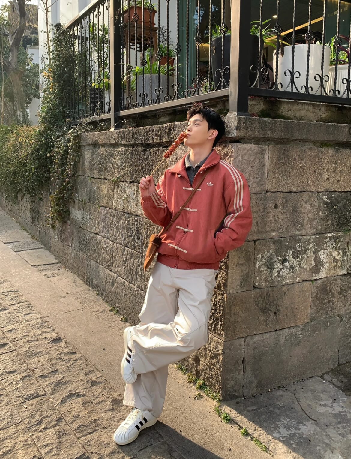 adidas cny inspired red jacket outfit styling streetwear