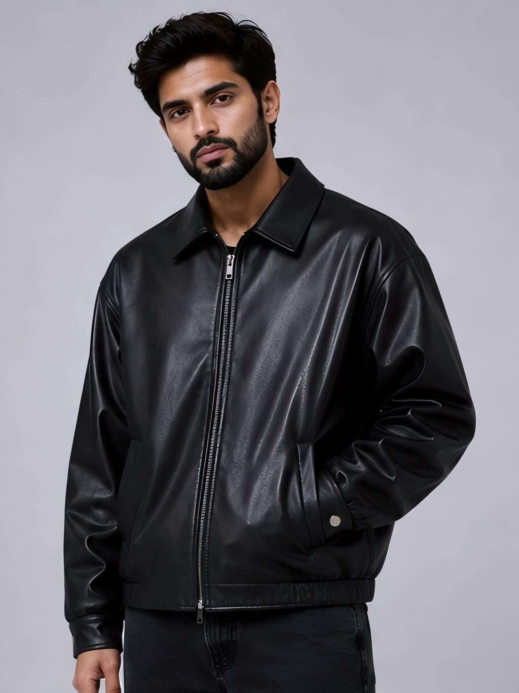 black leather jacket front view walhalaa
