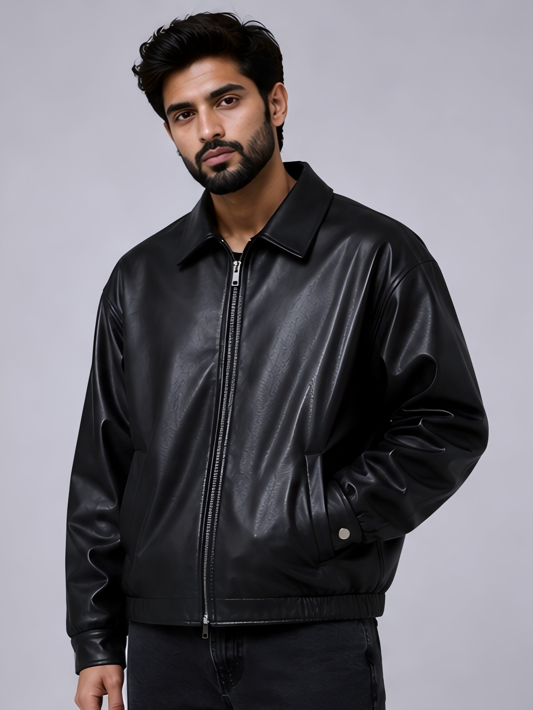black leather jacket front view walhalaa