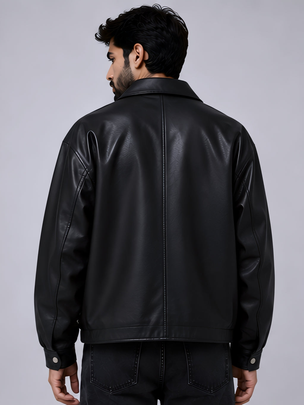 mens black leather jacket back view walhalaa