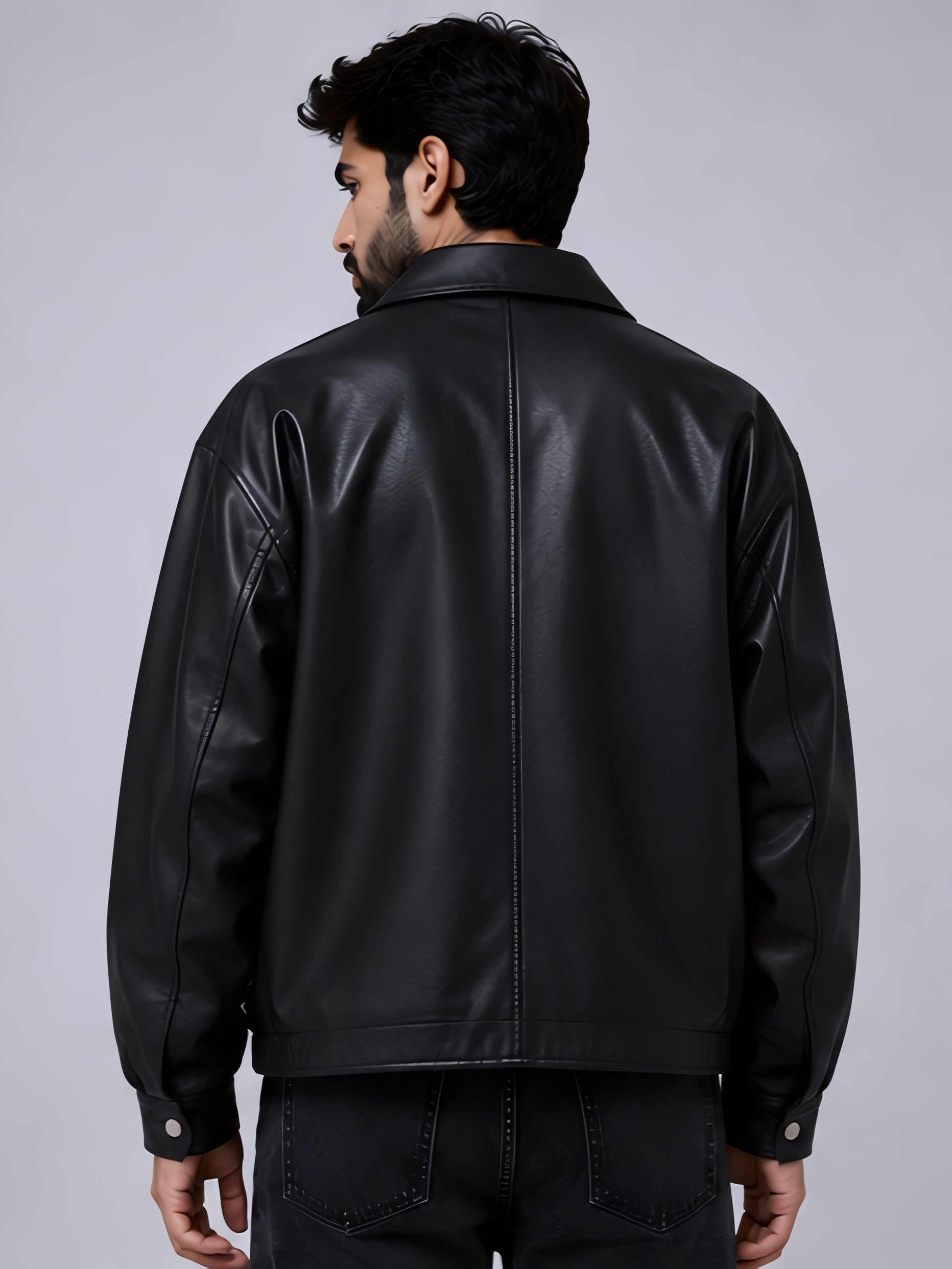mens black leather jacket back view walhalaa