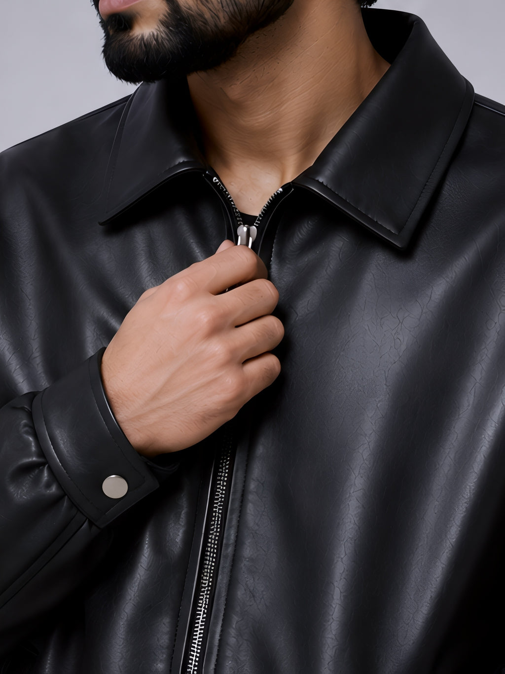 walhalaa mens black leather jacket closeup view