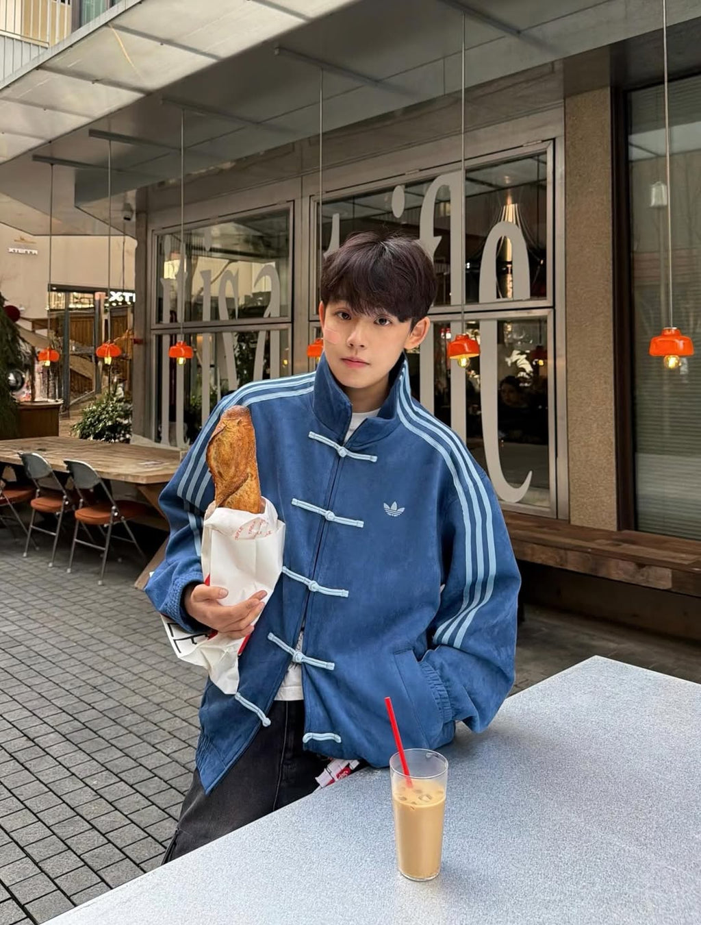adidas cny jacket dark blue full body street style