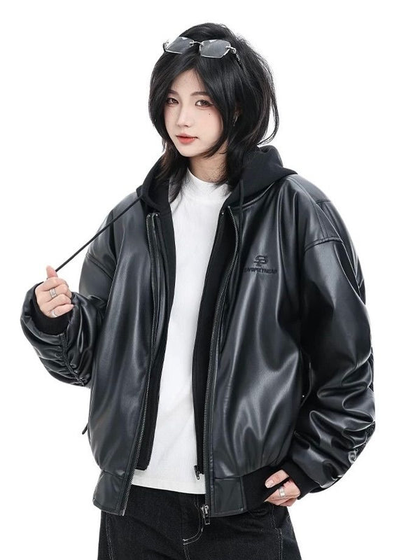 Walhalaa Hooded Faux Leather Jacket – Black Urban Streetwear Zip Jacket