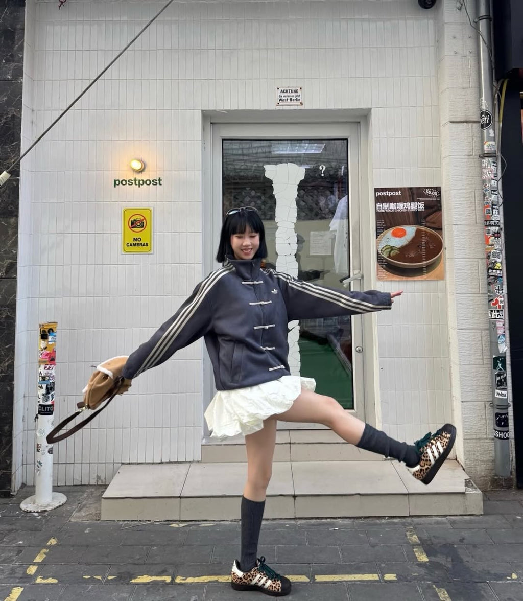 grey adidas cny jacket women skirt outfit aesthetic