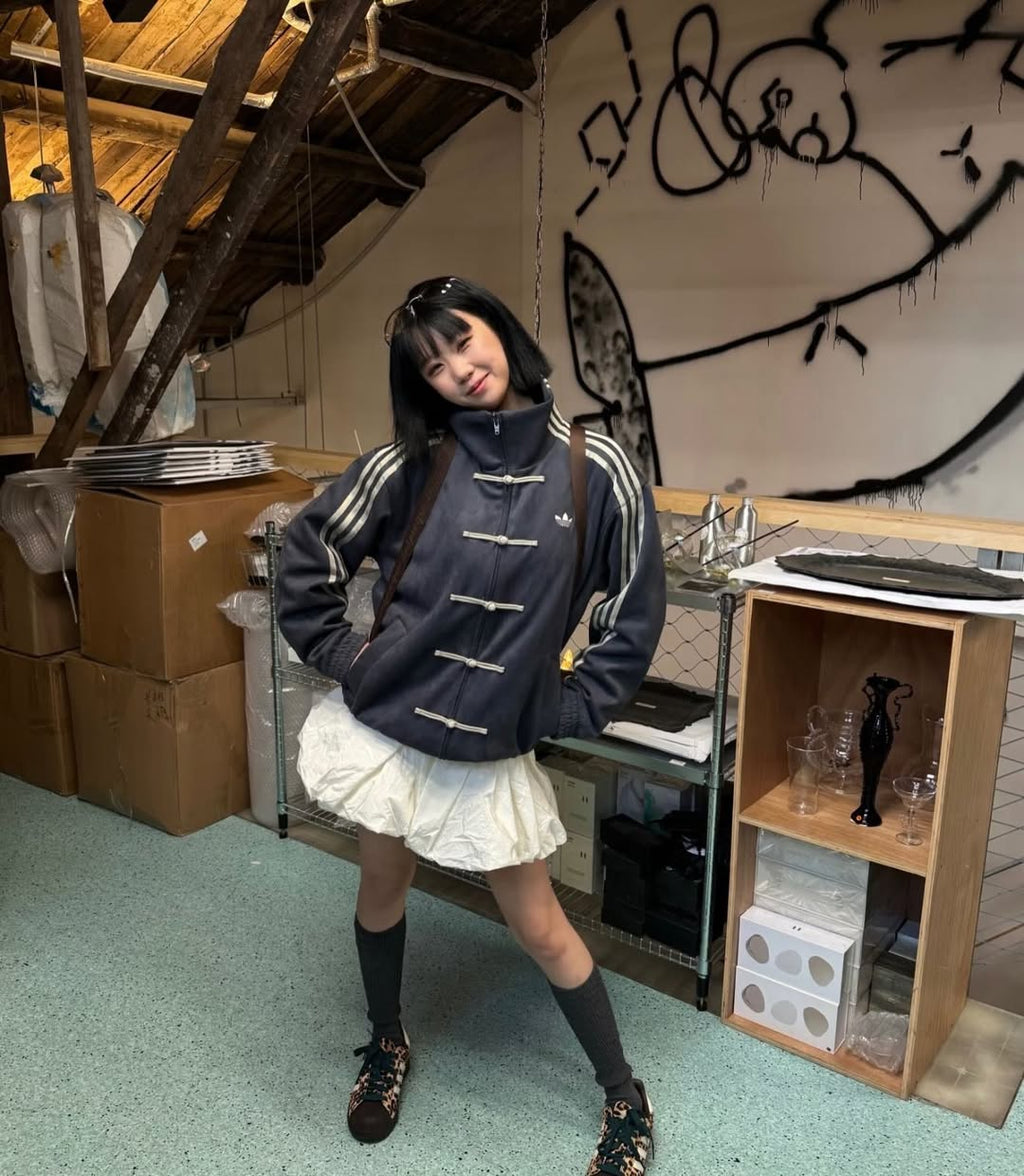 adidas cny grey jacket girls aesthetic outfit styling