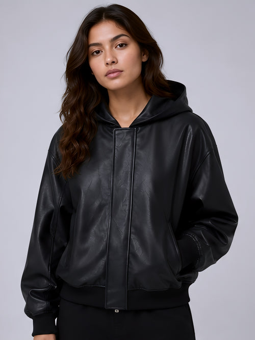 black faux leather hooded jacket women oversized streetwear india