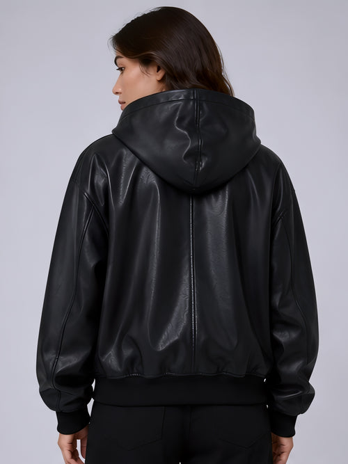 womens black rexin jacket with hood ribbed sleeves streetwear