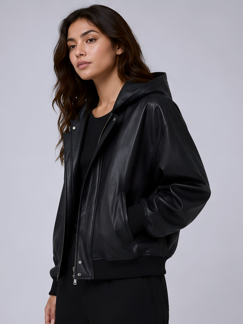 oversized black leather look hoodie jacket for women india