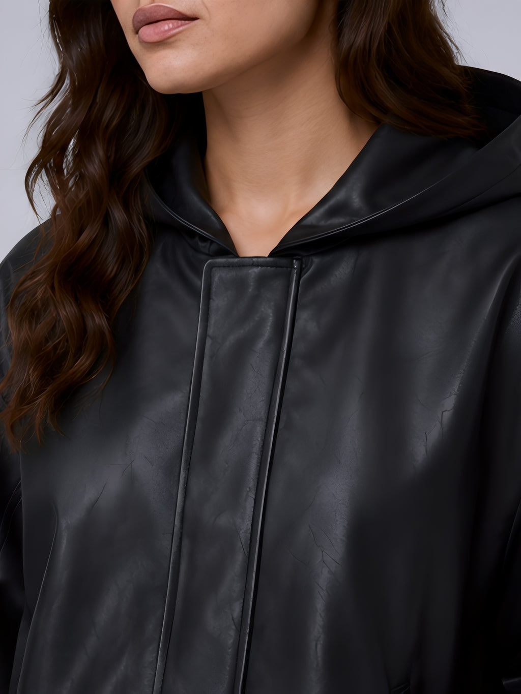 streetwear black hooded leather jacket womens casual outfit