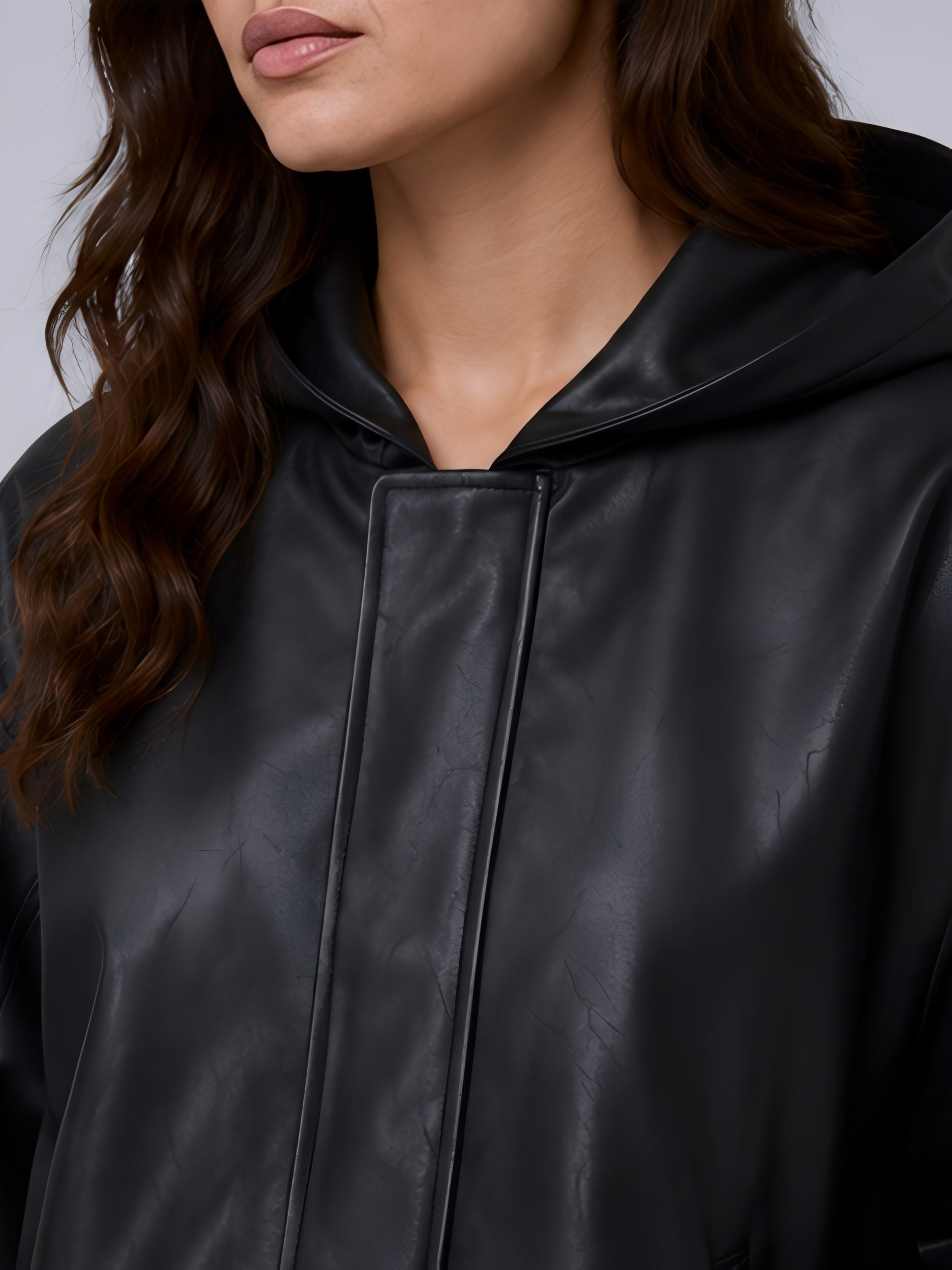 streetwear black hooded leather jacket womens casual outfit