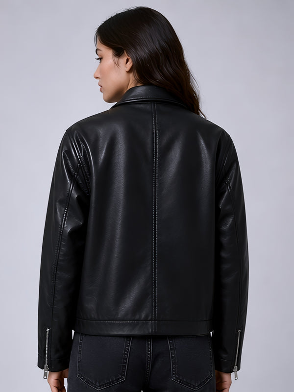 Walhalaa Black Faux Leather Jacket for Women with Sleeve Zippers – Streetwear Fit