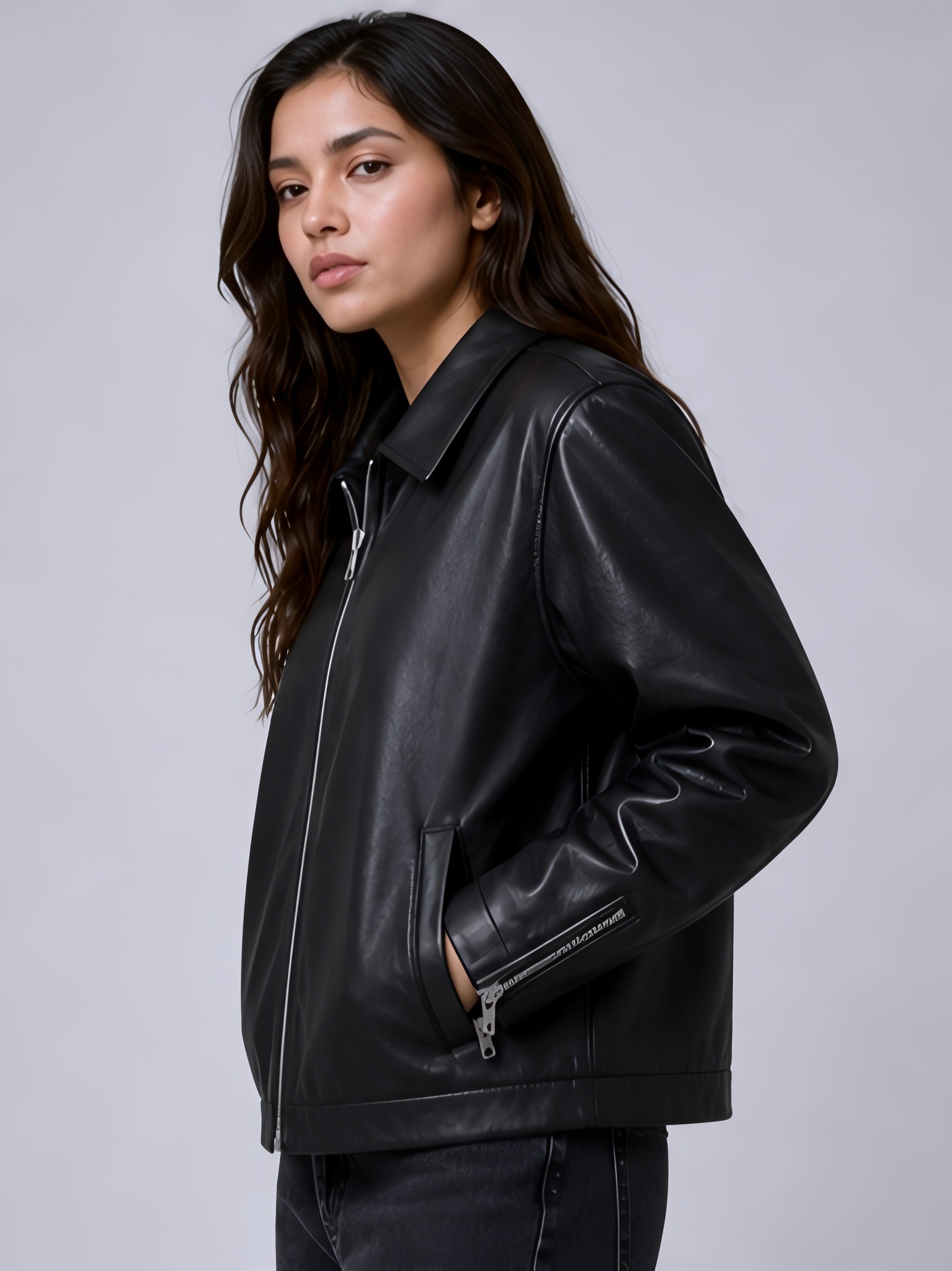Walhalaa Black Faux Leather Jacket for Women with Sleeve Zippers – Streetwear Fit