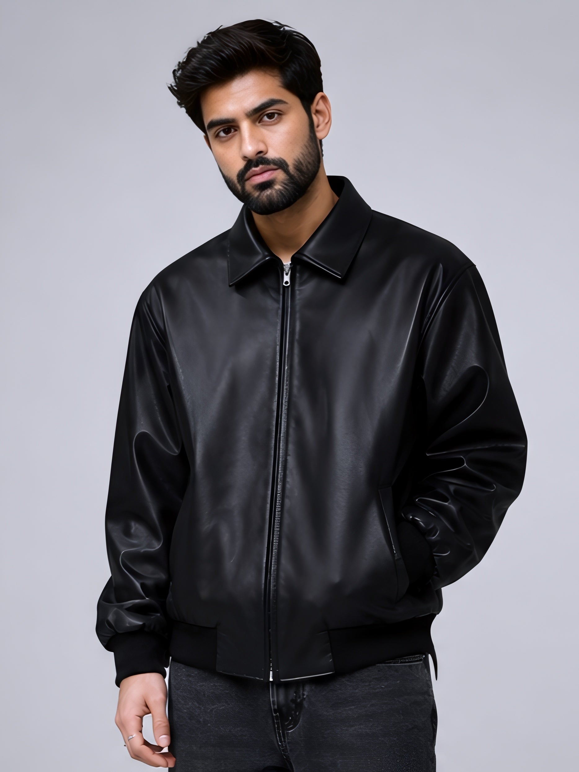walhalaa black faux leather jacket front view minimal design