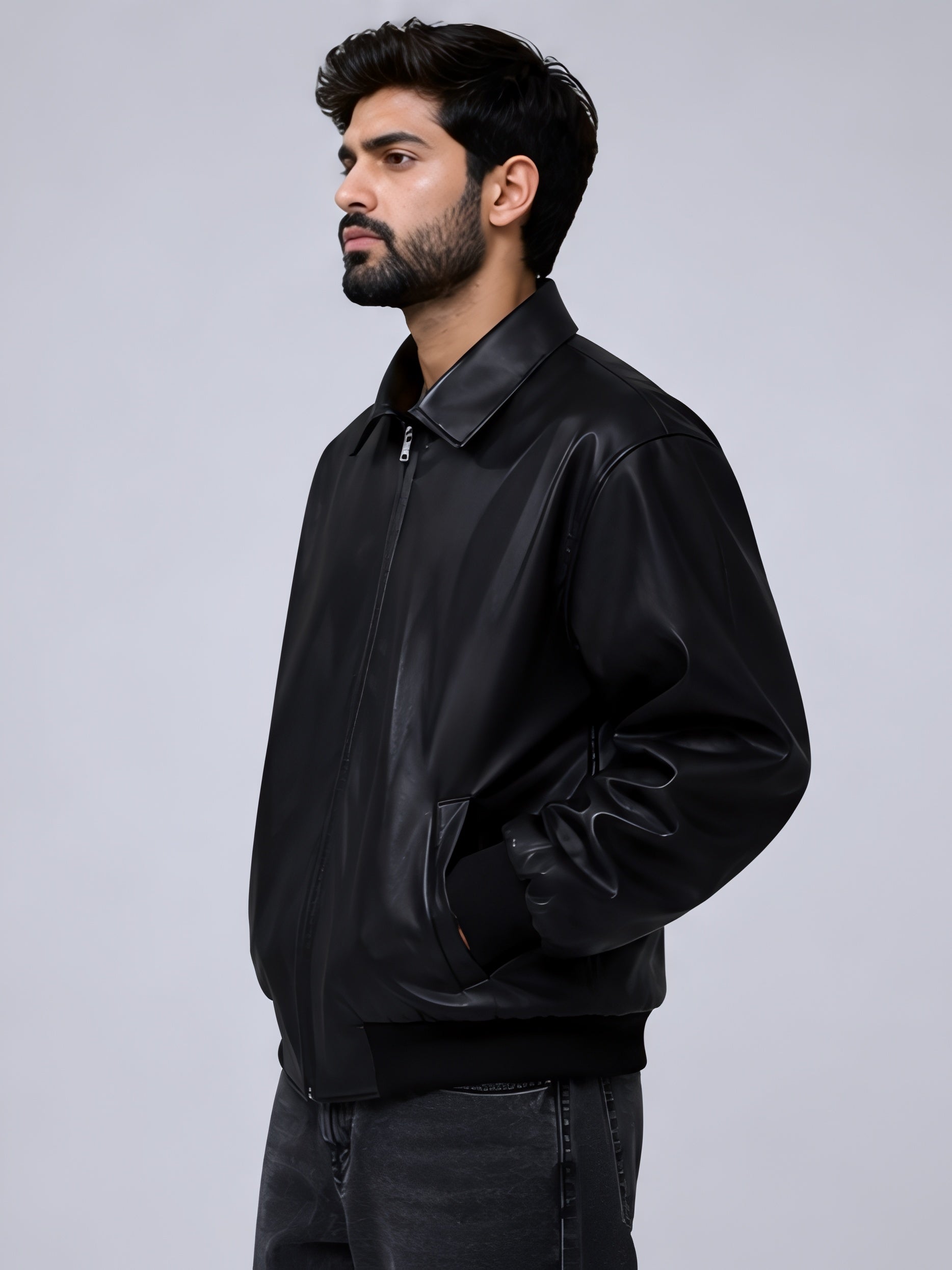 mens black leather jacket side profile streetwear
