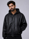 Black hooded faux leather jacket front view unisex streetwear with open zip