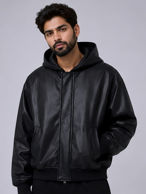 Walhalaa Hooded Faux Leather Jacket – Black Urban Streetwear Zip Jacket