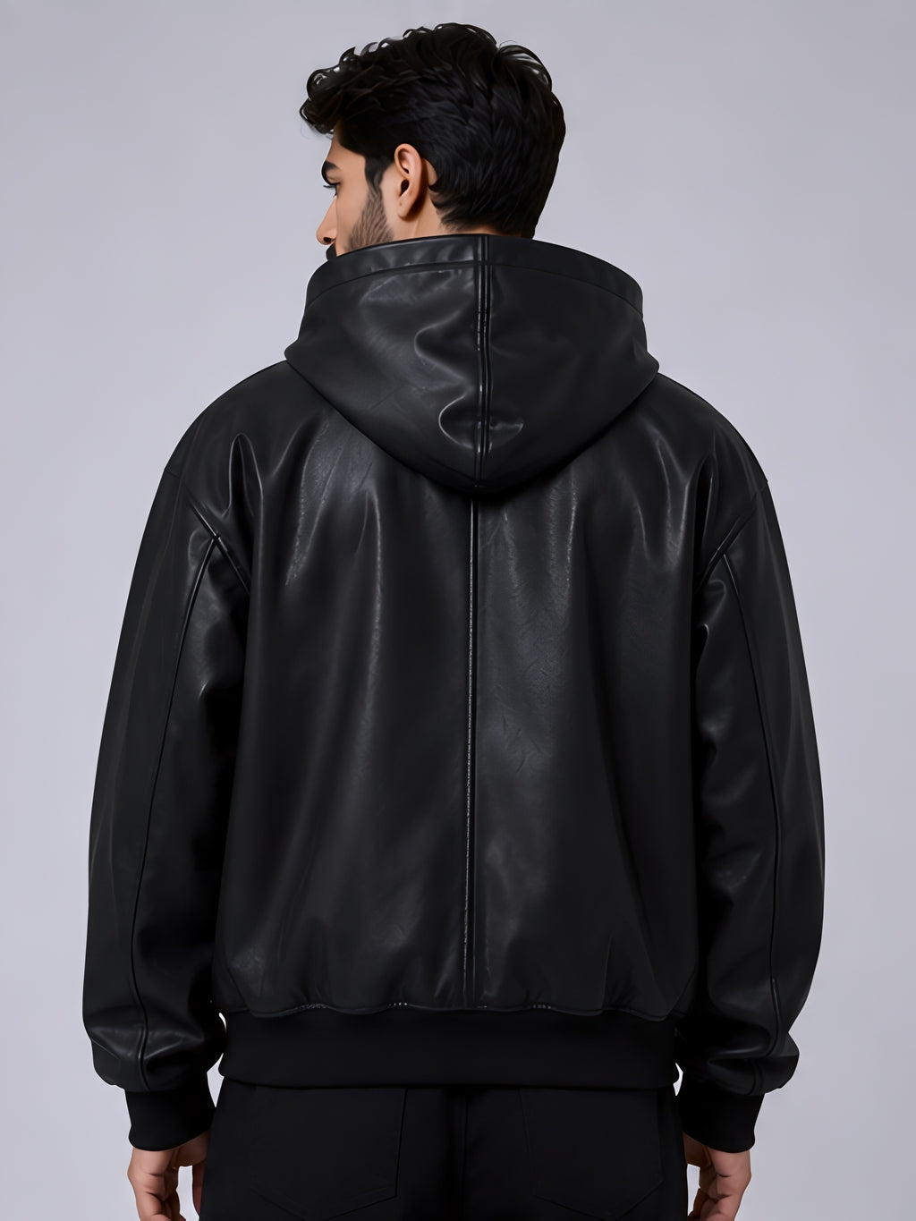 Black hooded faux leather jacket back view unisex streetwear