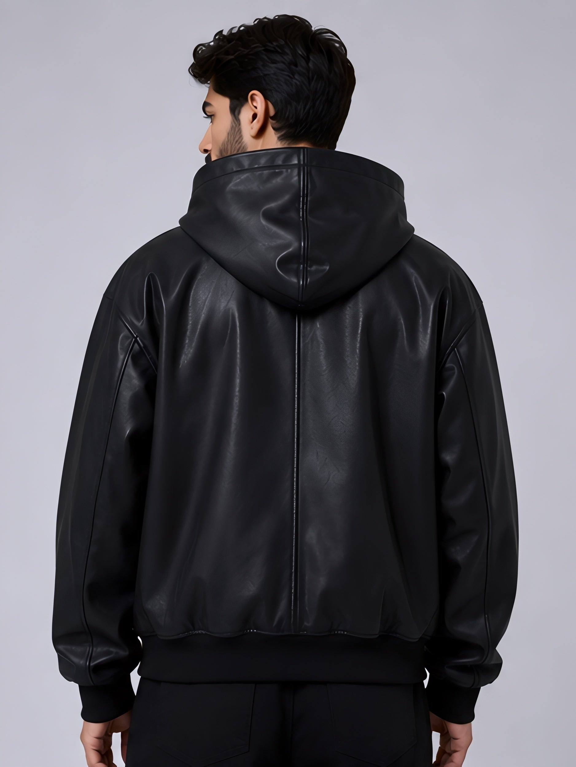 Black hooded faux leather jacket back view unisex streetwear