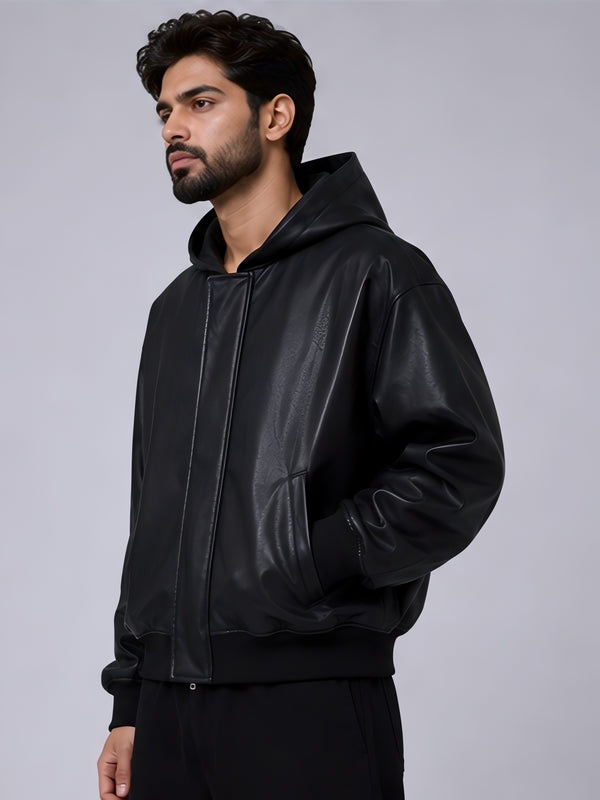Walhalaa Hooded Faux Leather Jacket – Black Urban Streetwear Zip Jacket