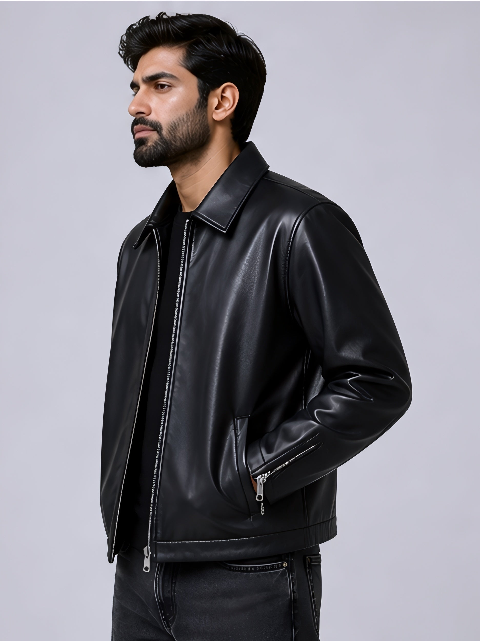 faux leather jacket black sleeve detail