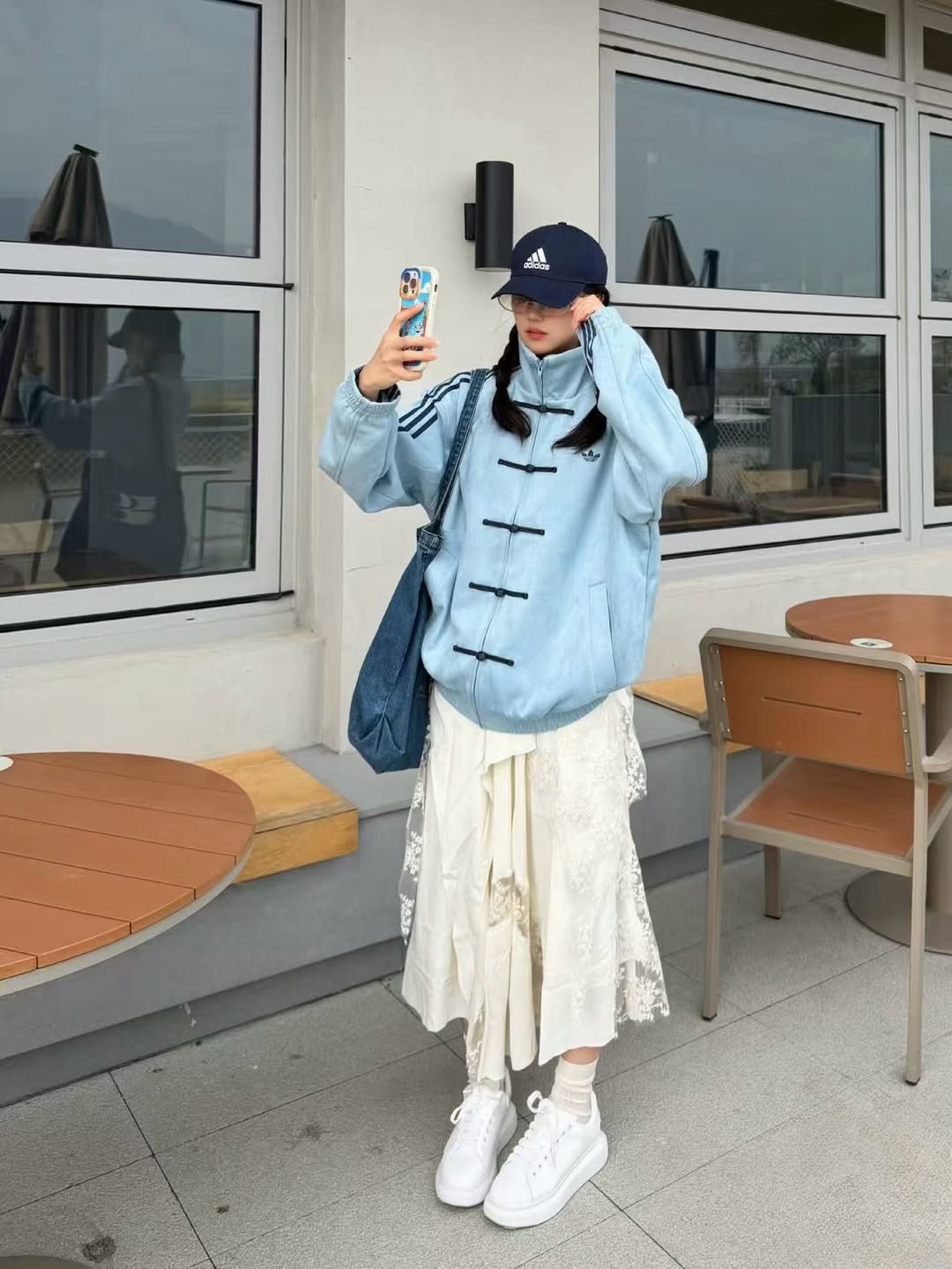 sky blue adidas cny jacket knot design aesthetic streetwear look
