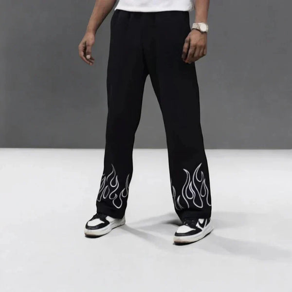 WALHALAA Vintage Flame Baggy Pants – Black Straight Fit Streetwear