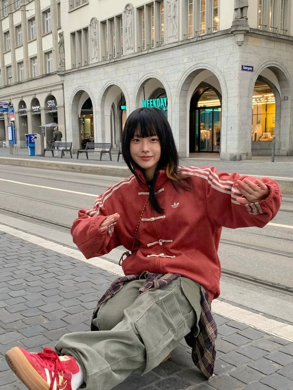 Walhalaa Retro Stripe Toggle Jacket – Red Edition (Kung Fu Street Style)