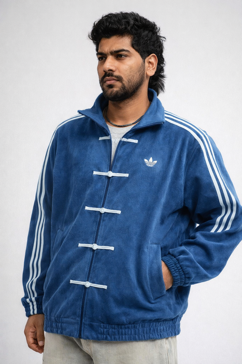Blue Adidas CNY inspired knot track jacket sideview for men streetwear
