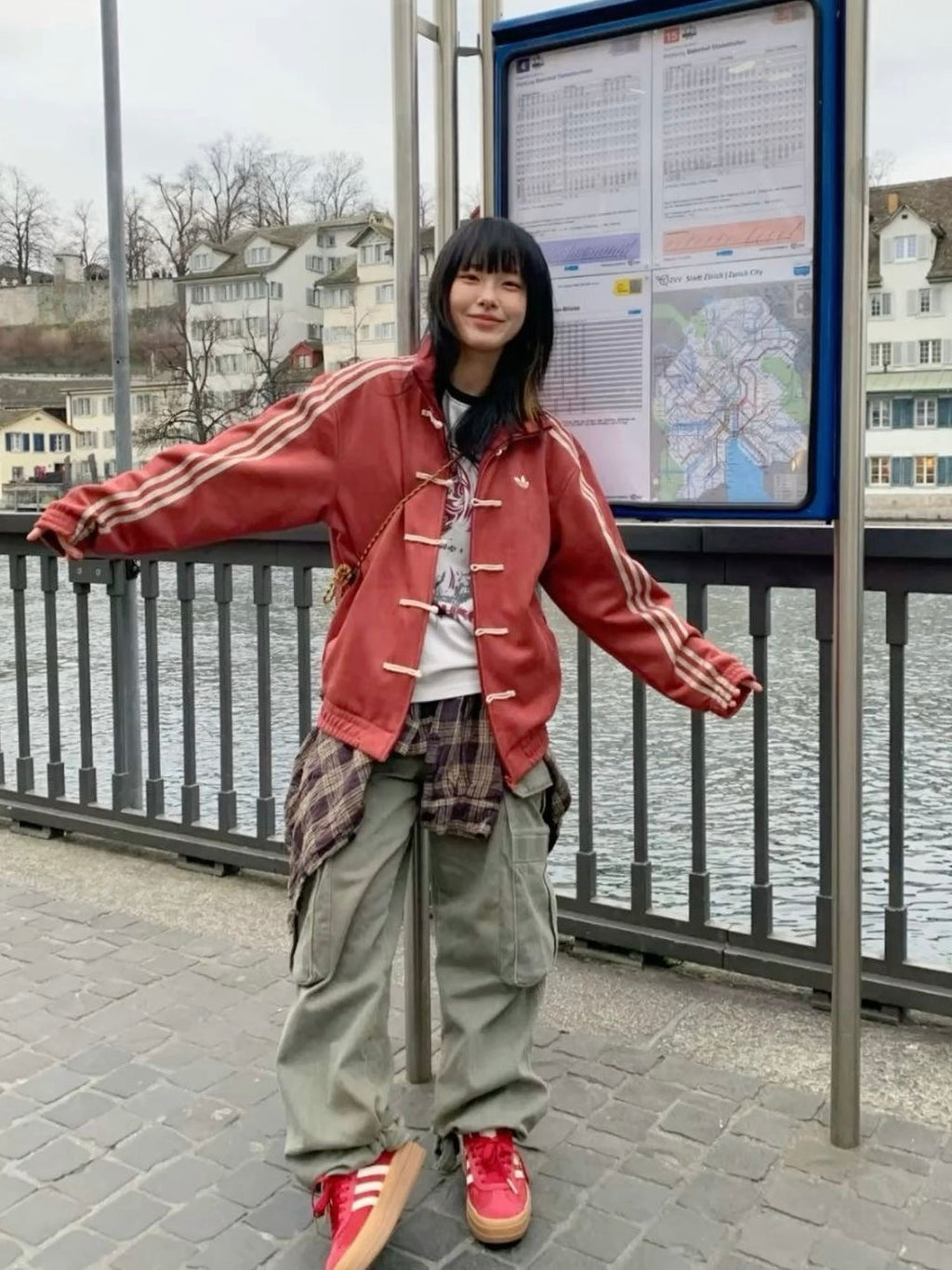 Oversized red stripe street style jacket relaxed fit