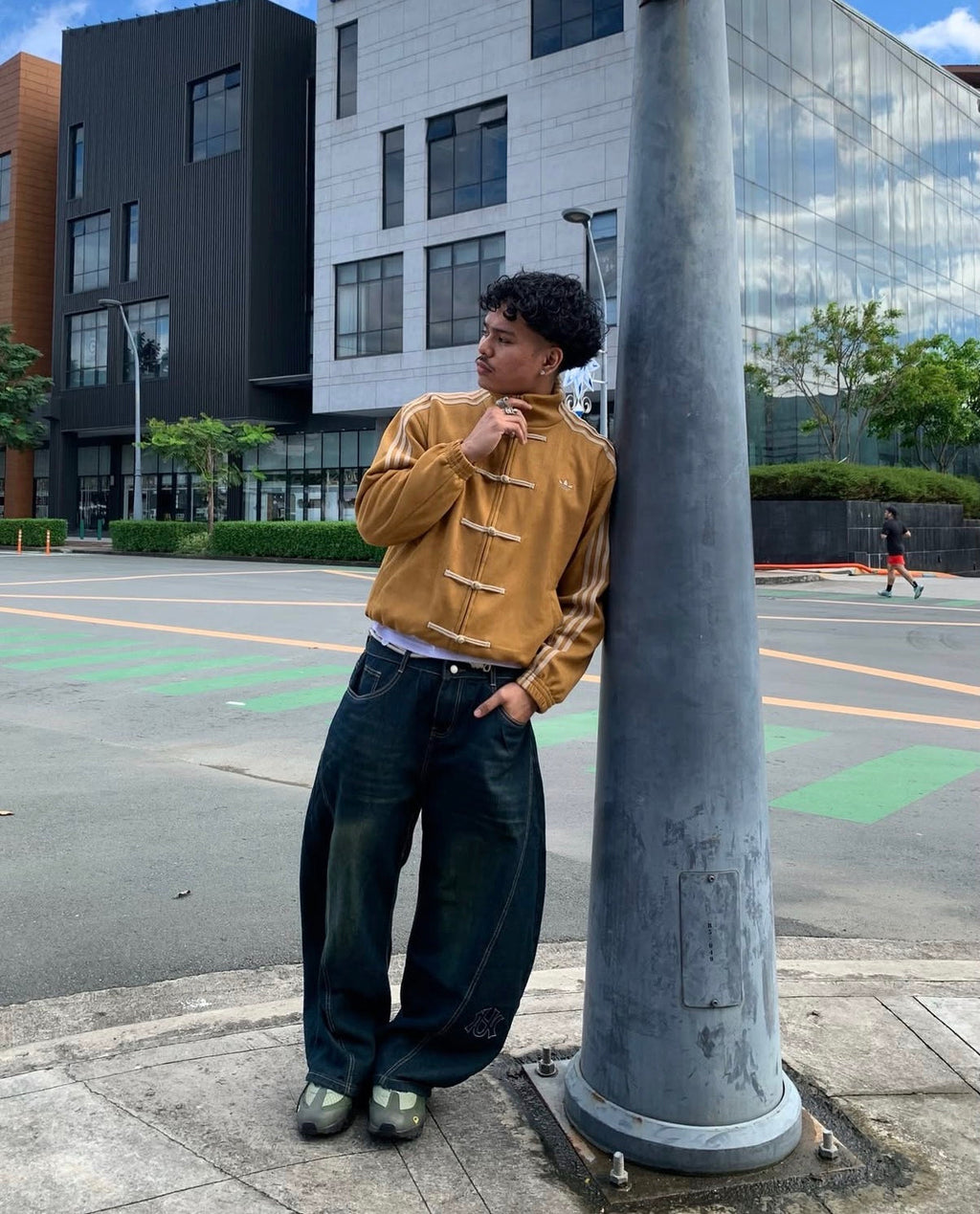 adidas Chinese New Year inspired jacket styled with cargo pants