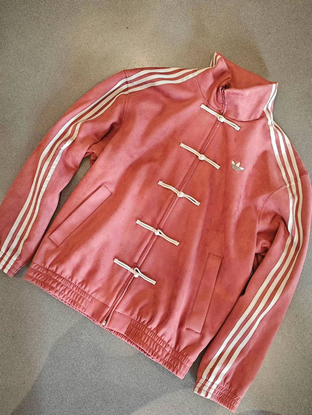 Red or pink vintage toggle closure jacket with triple stripes