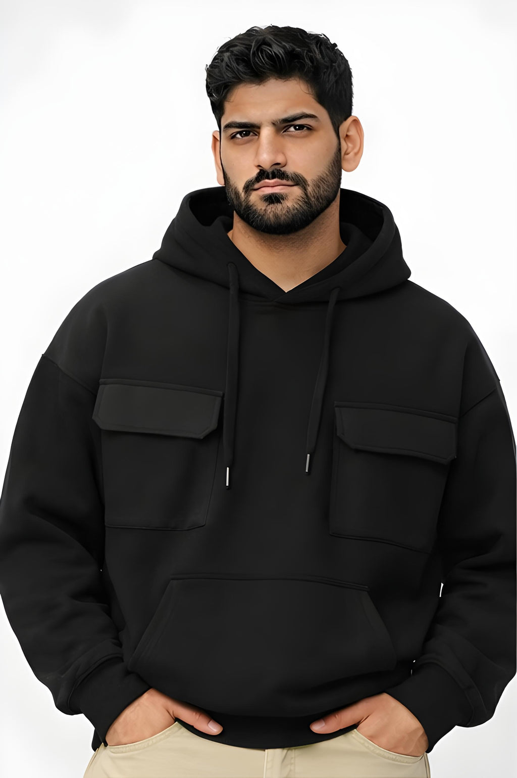 Man wearing a black hoodie with front pockets -Walhalaa streetwear