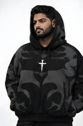 "Walhalaa Tribal Shadow Hoodie oversized black gothic streetwear hoodie front view with cross print on front"
