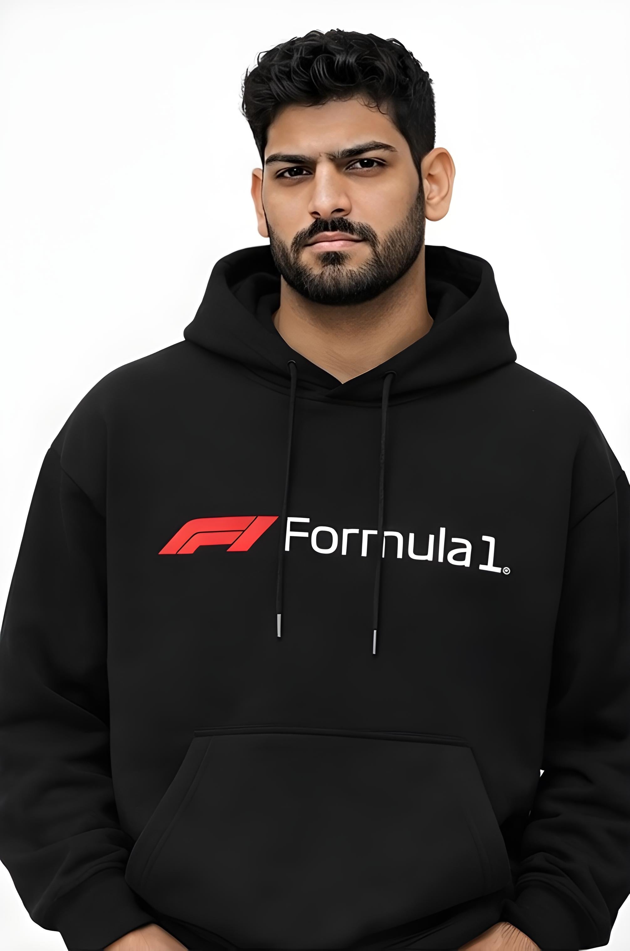 Black Formula 1 inspired racing hoodie streetwear fit front view