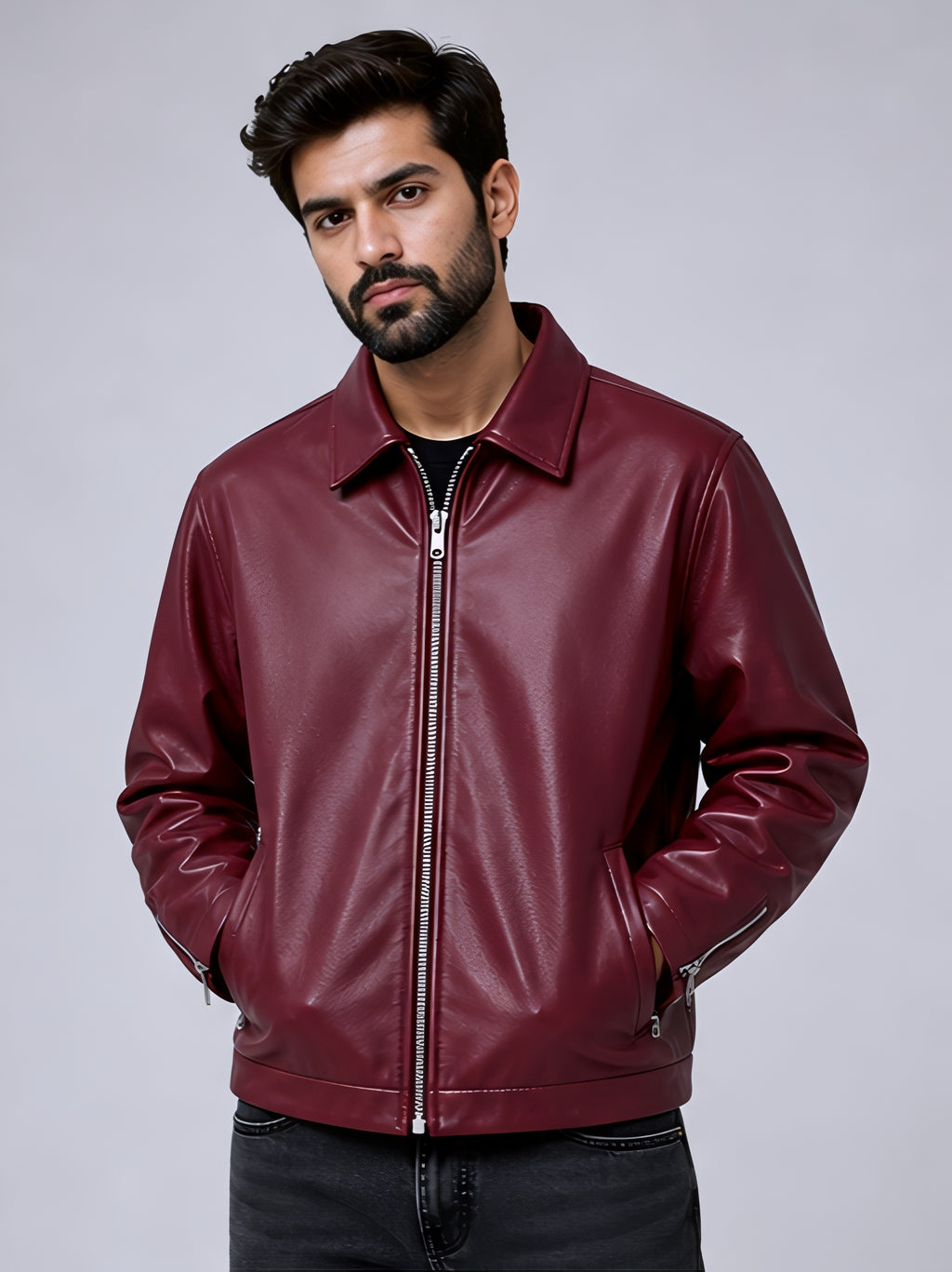 walhala burgundy leather jacket front view premium look